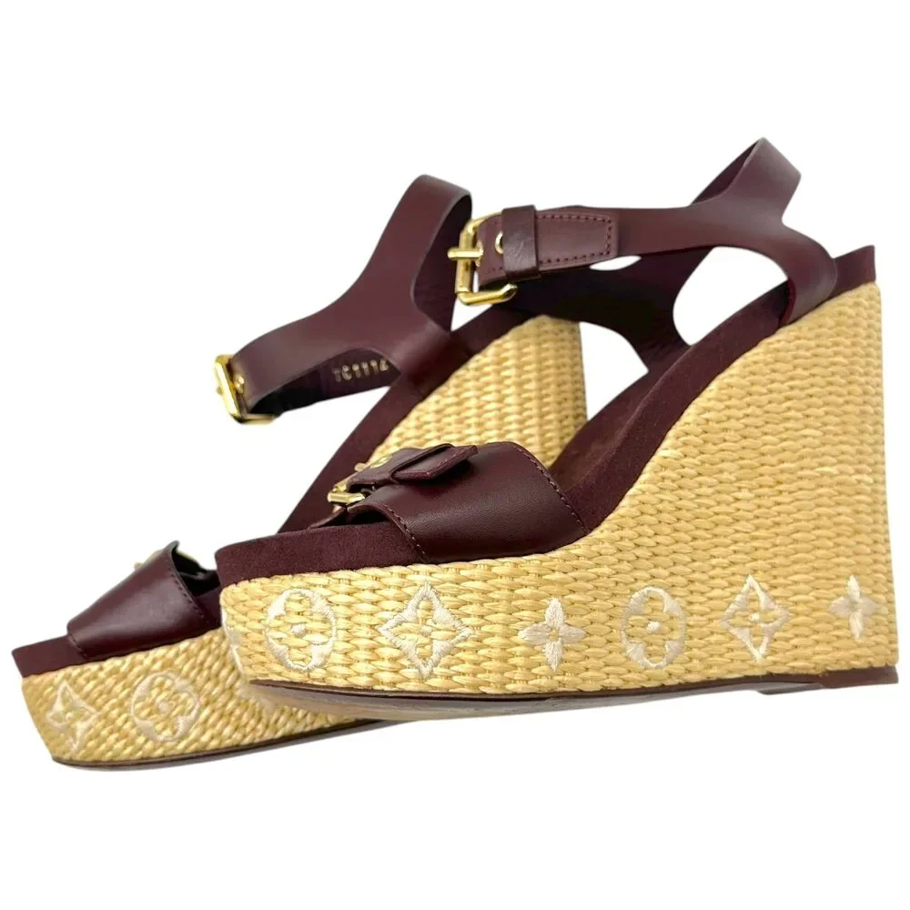 Louis Vuitton Raffia Logo & Burgundy Leather Platform Wedge Sandals - Picture 7 of 10